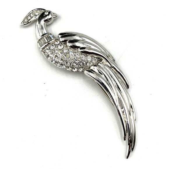 Vintage MONET Figural Bird of Paradise Baguette Rhinestone Silver Tone Brooch 4" - Picture 2 of 10